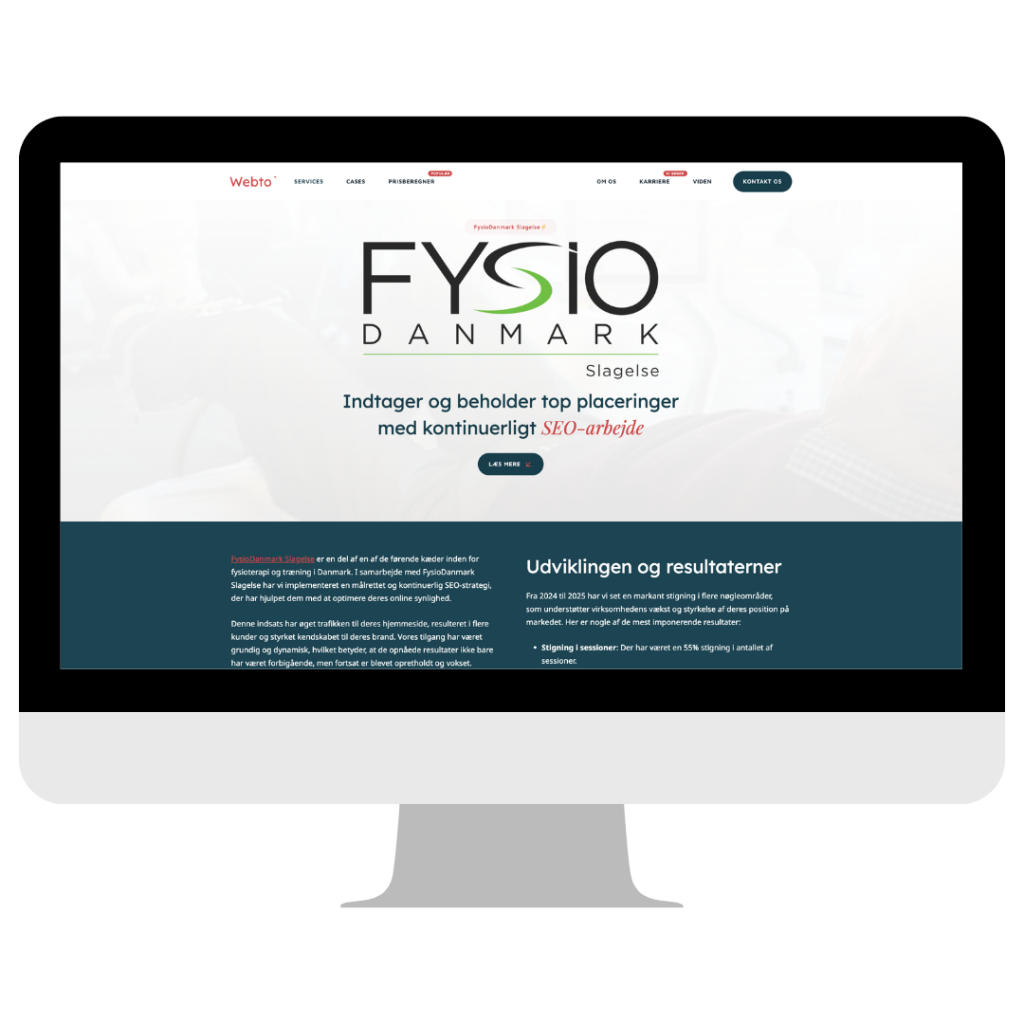 Visning af en af flere landingssider på en computerskærm, der fremhæver en kundecase og de opnåede resultater