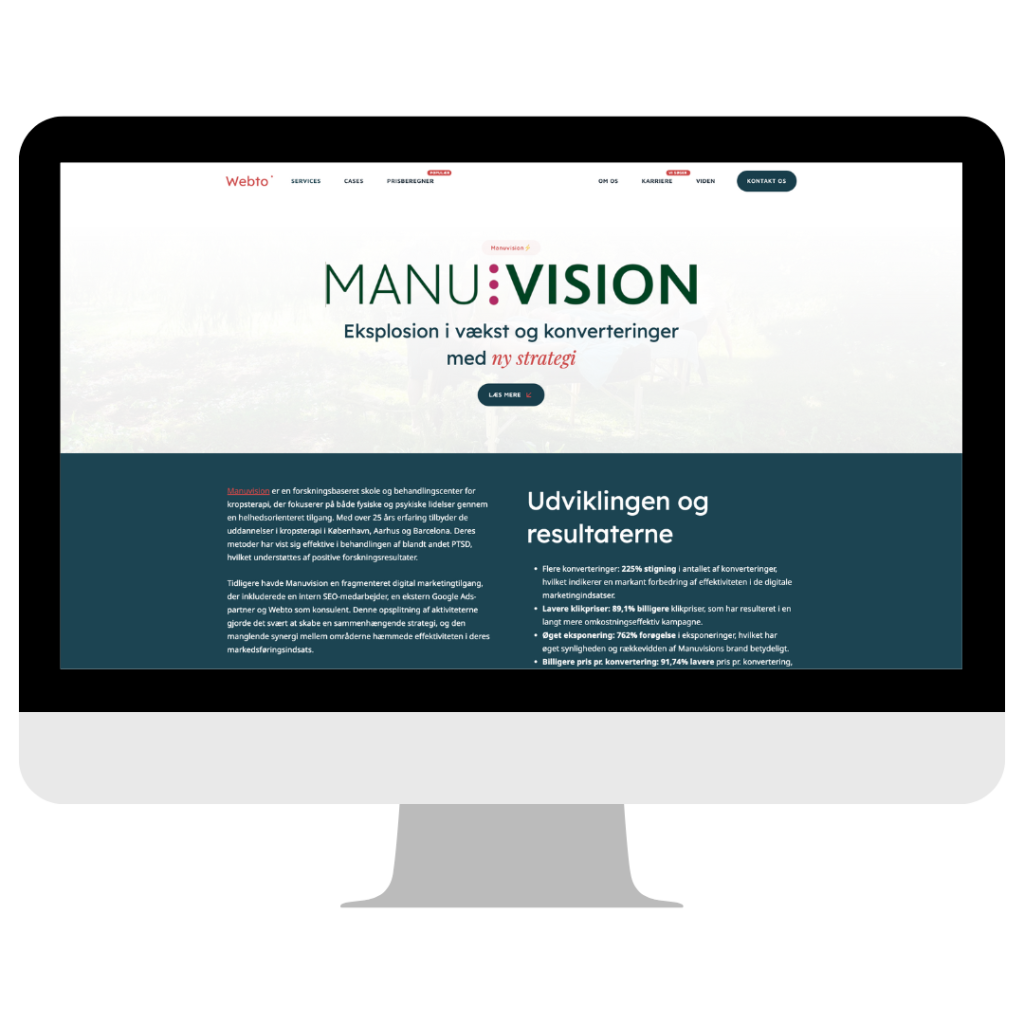 Visning af en landingsside på en computerskærm med et moderne design, optimeret til konvertering