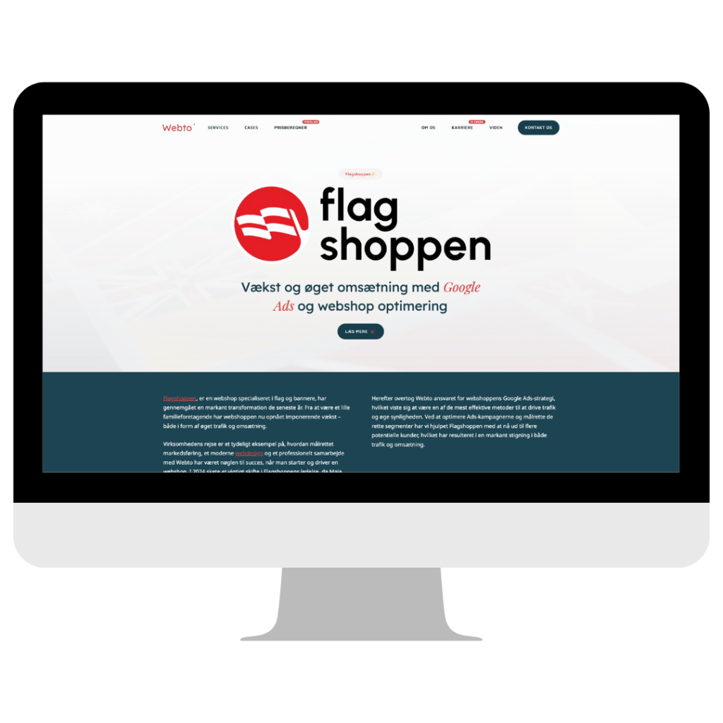 Visning af en af flere landingssider på en computerskærm, der fremhæver virksomhedens succesfulde kundecases